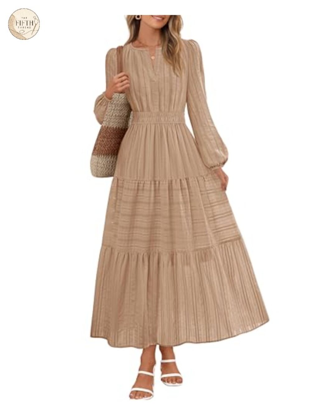 Womens Puff Long Sleeve V Neck Midi Maxi Dress Casual Cotton Jacquard